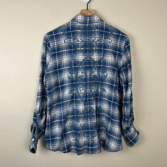 Johnny Was Embroidered Blue Plaid Button Down Blouse - Picture 3 of 5